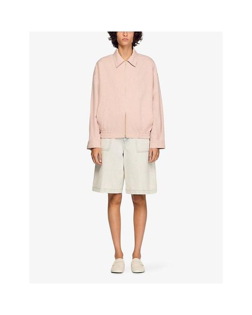 Sandro Pink Collared Relaxed-Fit Cotton And Linen-Blend Jacket