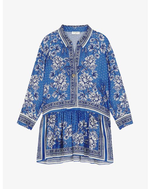 Sandro Blue Womens Bleus Chloe Floral-print Silk Flared Dress 10
