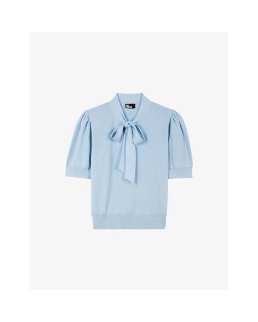 The Kooples Blue Tie-Neck Short-Sleeve Cotton-Blend Jumper