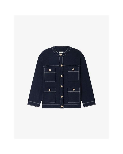 Sandro Blue Four-Pocket Contrast-Stitch Knitted Cardigan
