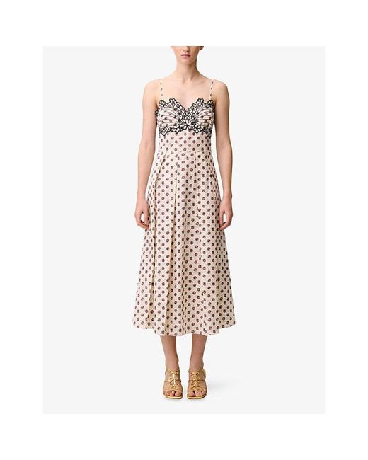 Claudie Pierlot Natural Embroidered Floral-Print Cotton Midi Dress