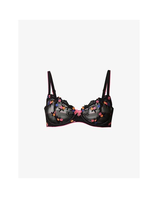 Lounge Underwear Neon Floral-embroidered Bow-embellished Mesh Bra