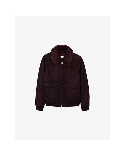 Sandro Red Shearling-Collar Wool-Blend Aviator Jacket for men