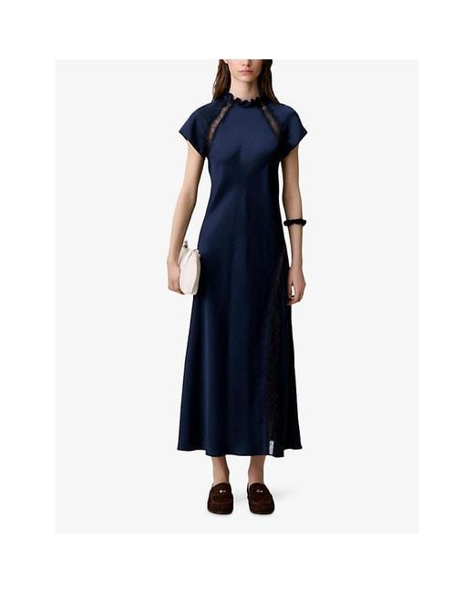 Claudie Pierlot Blue Victorian-Collar Lace-Trim Satin Maxi Dress