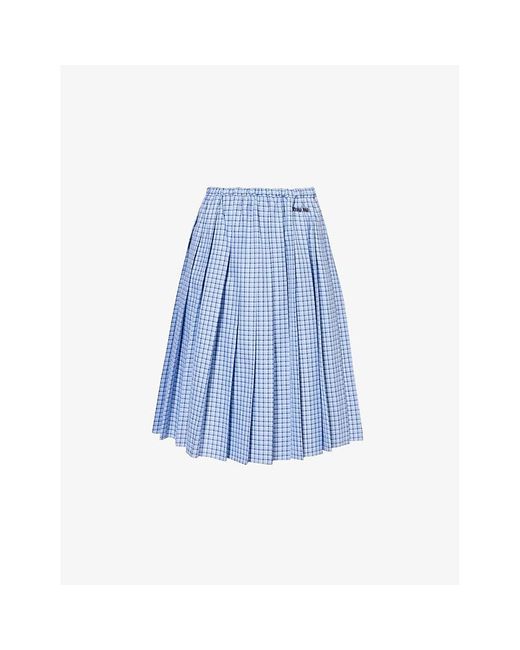 Miu Miu Miu Pleated Check-print Cotton-poplin Midi Skirt in Blue 