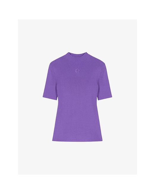 Maje Purple Logo-patch Short-sleeve Stretch-knitted Top