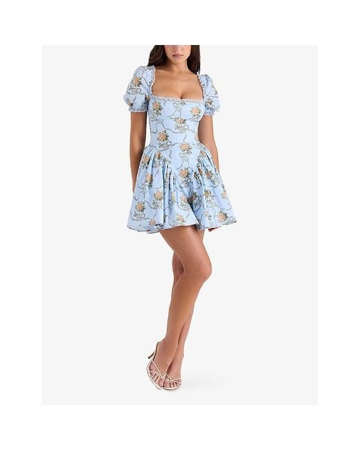 House Of Cb Rosie Floral-Print Stretch-Cotton Mini Dress in Blue | Lyst