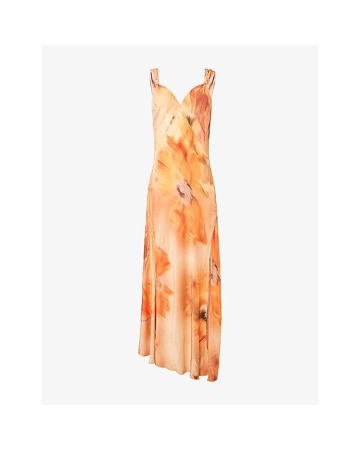Never Fully Dressed Orange Sofia Floral Knot-Strap Bias-Cut Woven Maxi Dress