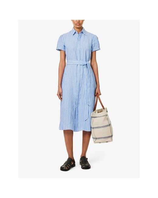 Polo Ralph Lauren Blue Stripe-print Belted Linen Midi Dress