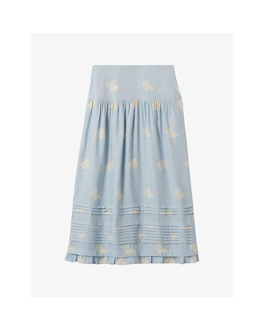 Claudie Pierlot Blue Floral-Print Linen-Blend Midi Skirt