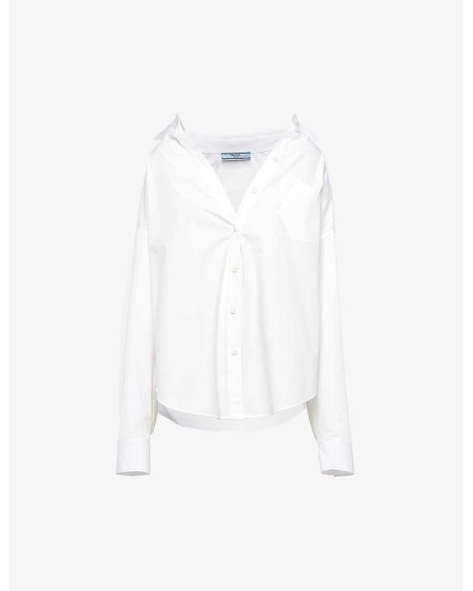 Prada White Logo-embroidered Patch-pocket Oversized Cotton-poplin Shirt