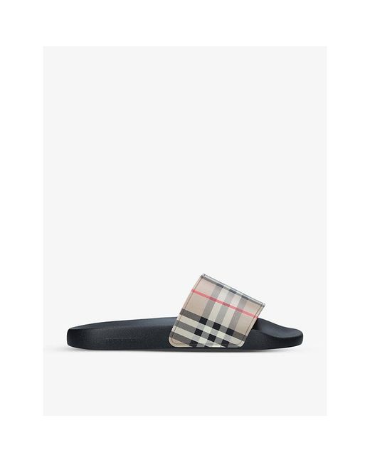 Burberry White Furley Checked Sliders for men