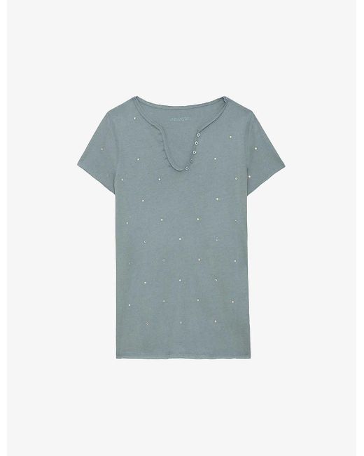 Zadig & Voltaire Blue Tunisien Button-neck Diamanté-embellished Cotton T-shirt