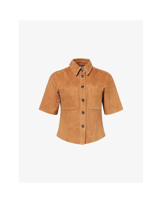 ME+EM Brown Panelled Short-Sleeve Suede Shirt