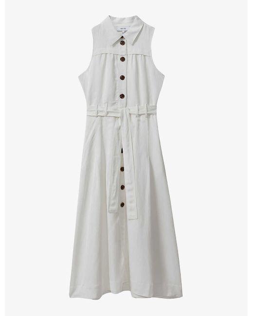 Reiss White Heidi Button-down Belted-waist Woven Midi Dress