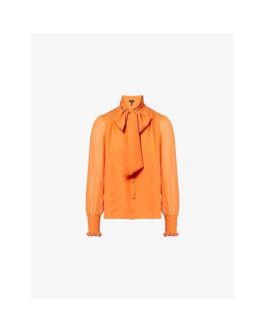 ME+EM Orange Pussy Bow Sheer-Sleeves Silk Blouse