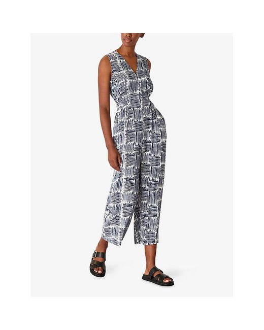 Whistles Blue Hatch Squares Graphic-Print Sleeveless Woven Jumpsuit