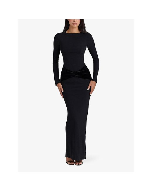 House Of Cb Black Athena Long-Sleeve Stretch-Woven Maxi Dress