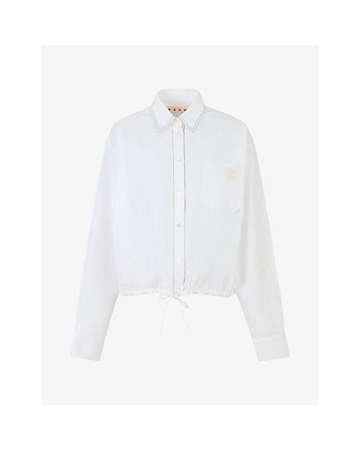 Marni White Cropped Drawstring-Hem Cotton Poplin Shirt