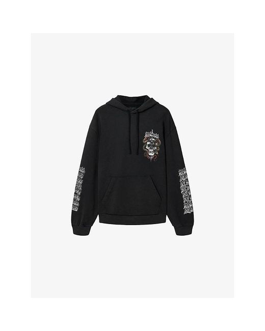 AllSaints Black Araknid Skull-Print Cotton-Jersey Hoody for men