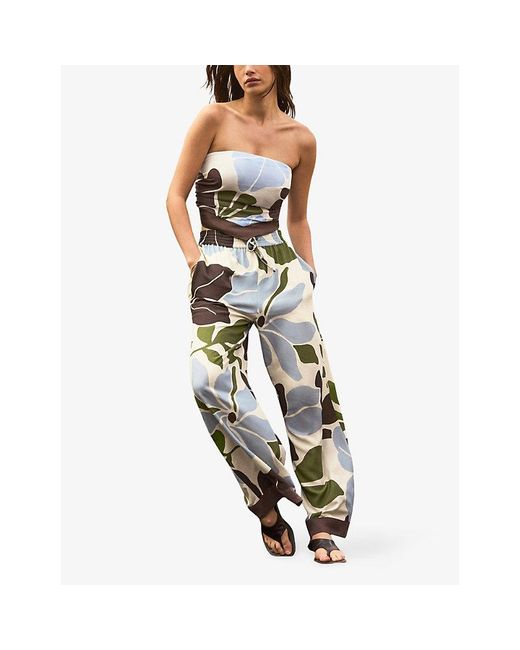 Ro&zo Green Capri Floral-Print Elasticated-Waist Linen-Blend Trousers