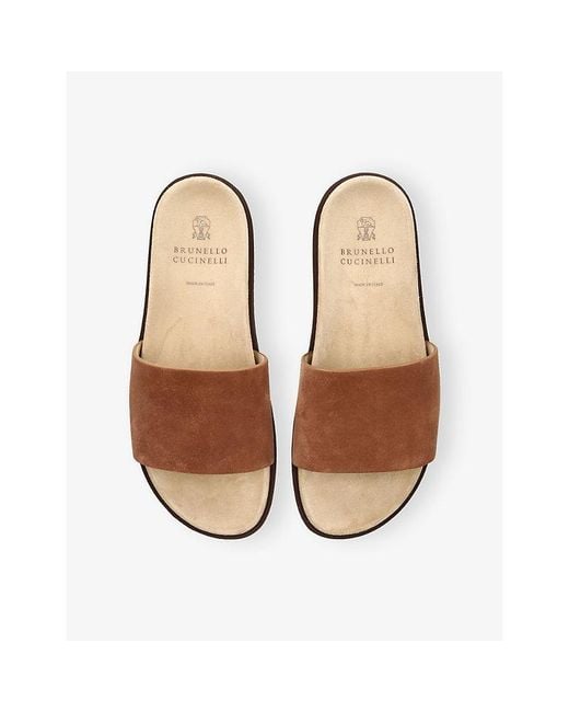 Brunello Cucinelli Brown Wide-Strap Suede Sliders for men