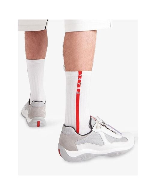 Prada White America's Cup Ring-Embellished Leather And Mesh Low-Top Trainers for men