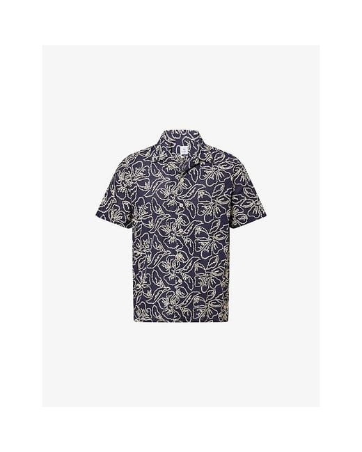 Paul Smith Blue Floral-Embroidered Short-Sleeve Cotton-Blend Shirt for men