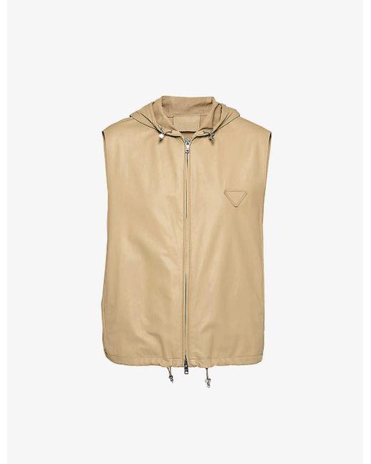 Prada Natural Sleeveless Boxy-fit Leather Hooded Vest for men