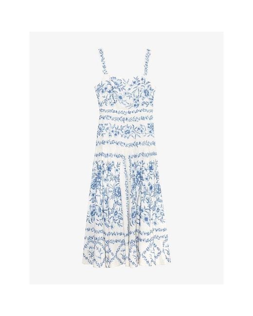 Phase Eight Blue Torin Floral-Print Linen-Blend Midi Dress