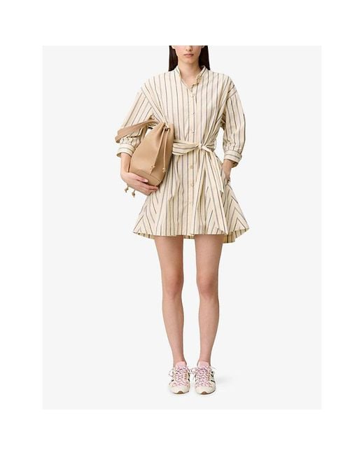 Claudie Pierlot Natural Striped Tie-Waist Cotton Mini Dress