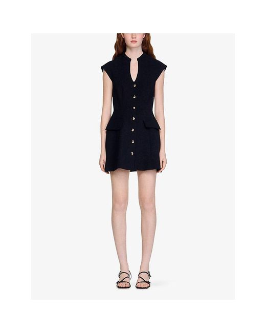 Sandro Black Capped-Sleeves Buttoned Knitted Mini Dress
