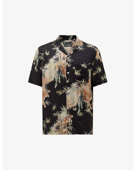 AllSaints Black Timor Tropical-print Relaxed-fit Woven Shirt X for men