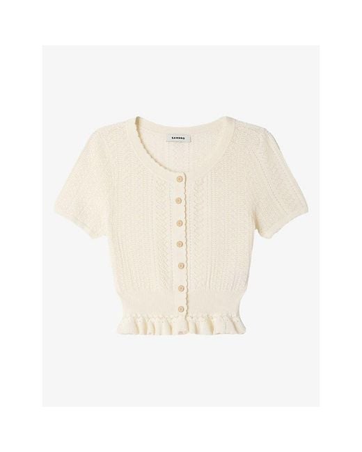 Sandro Natural Pointelle Round-Neck Stretch-Knit Cardigan