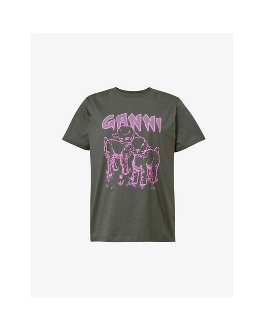 Ganni Green Lambs Graphic-print Organic-cotton T-shirt X