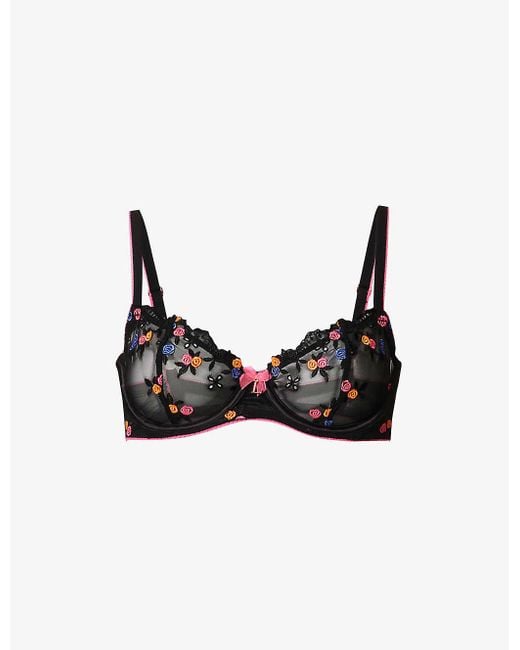 Lounge Underwear Black Neon Floral-embroidered Bow-embellished Mesh Bra