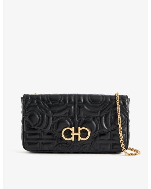 Ferragamo Black Gancini Quilted Leather Wallet On Chain