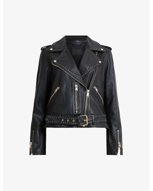 AllSaints Black Balfern Stud-embellished Belted-hem Leather Jacket