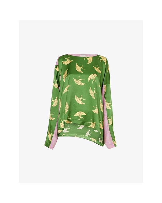Dries Van Noten Green Bird-print Relaxed-fit Silk-blend Top