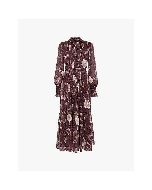 Whistles Brown Floral-Print Tie-Waist Woven Midi Dress