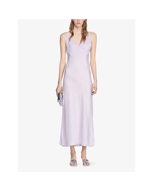 Sandro Purple Sleeveless Lace-Embroidered Satin Maxi Dress