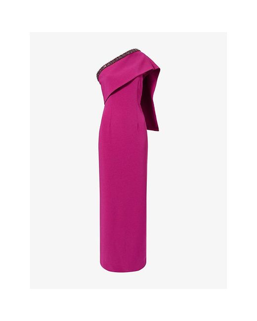 Roland Mouret Purple Embellished-Sash One-Shoulder Woven Gown