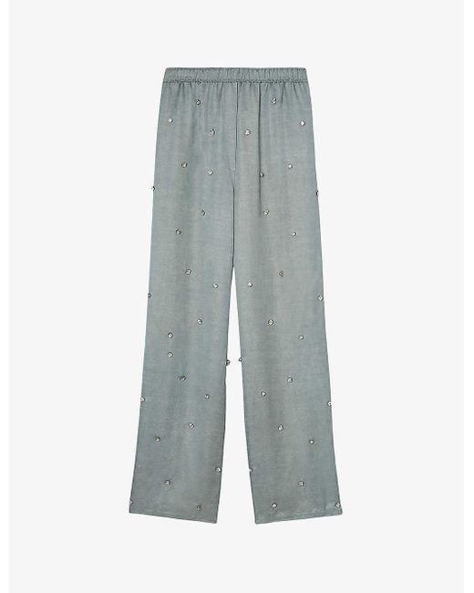 Sandro Gray Rhinestone-embellished Wide-leg High-rise Satin Trousers
