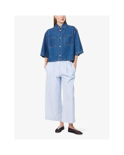 Weekend by Maxmara Blue Fleur Striped Cotton-Poplin Trousers