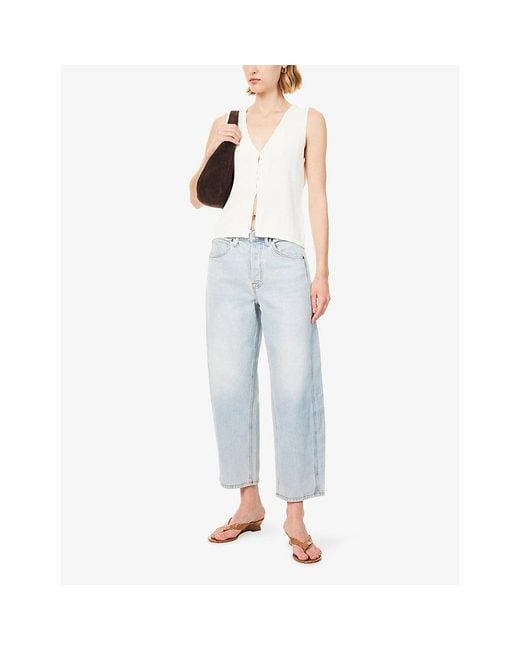 GOOD AMERICAN Blue Cropped Barrel-Leg Denim Jeans