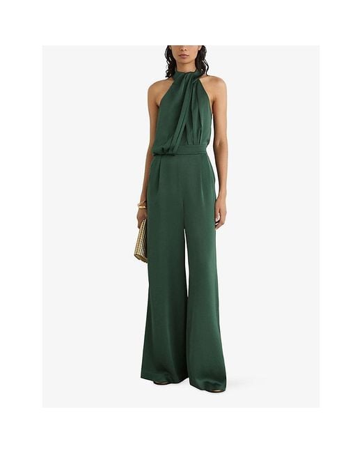 Reiss Green Finley Draped Halter-Neck Satin Jumpsuit