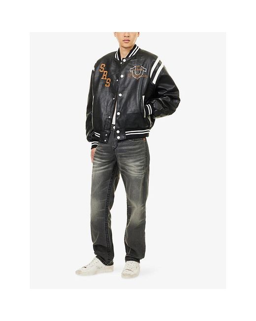 True Religion Black Retro Logo-Patch Faux-Leather Varsity Jacket for men
