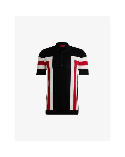 HUGO Black Button-Neck Short-Sleeve Stripe Cotton Polo for men