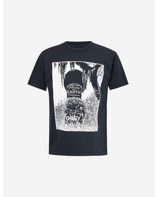 Obey Blue Here Lies Earth Graphic-print Cotton-jersey T-shirt for men