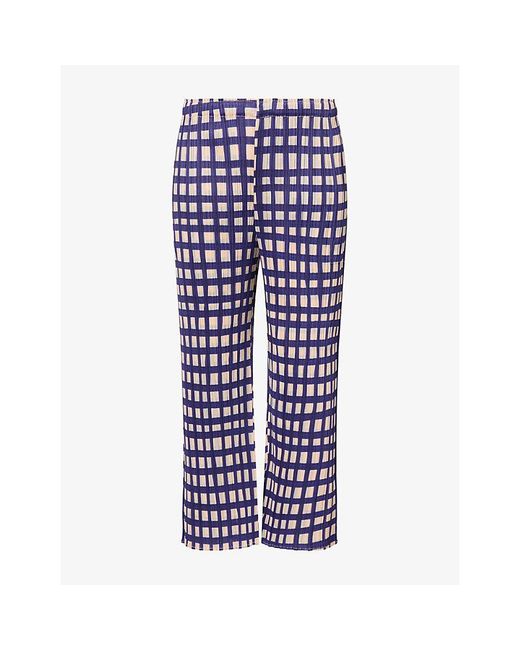Pleats Please Issey Miyake Blue Printed Pleated Knitted Trousers